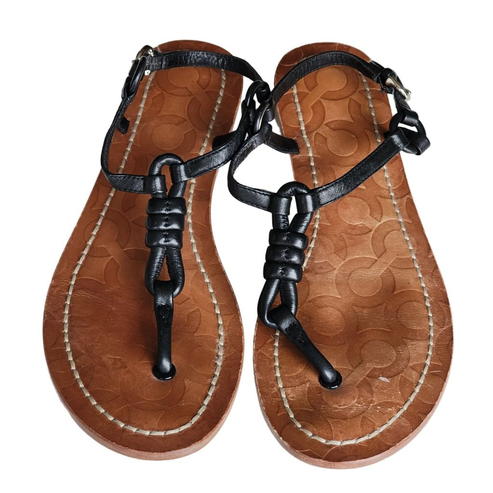 COACH Sawyer Black Brown Leather Slingback Thong Sandals Size 8
